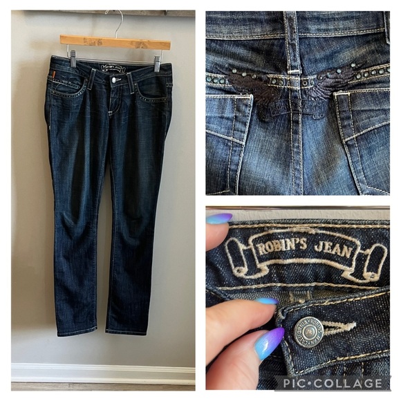 Robin’s Marilyn Straight Jeans Butterfly Appliques Made in USA Size 28 Gemstones - Picture 1 of 12